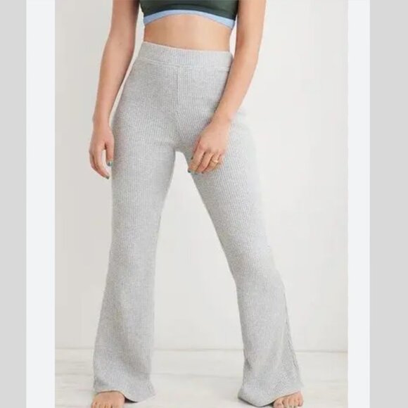 Aerie High Waisted Waffle Knit Flare Grey Jogger Gray Pull On Leggings Pants‎ XS - Picture 1 of 8